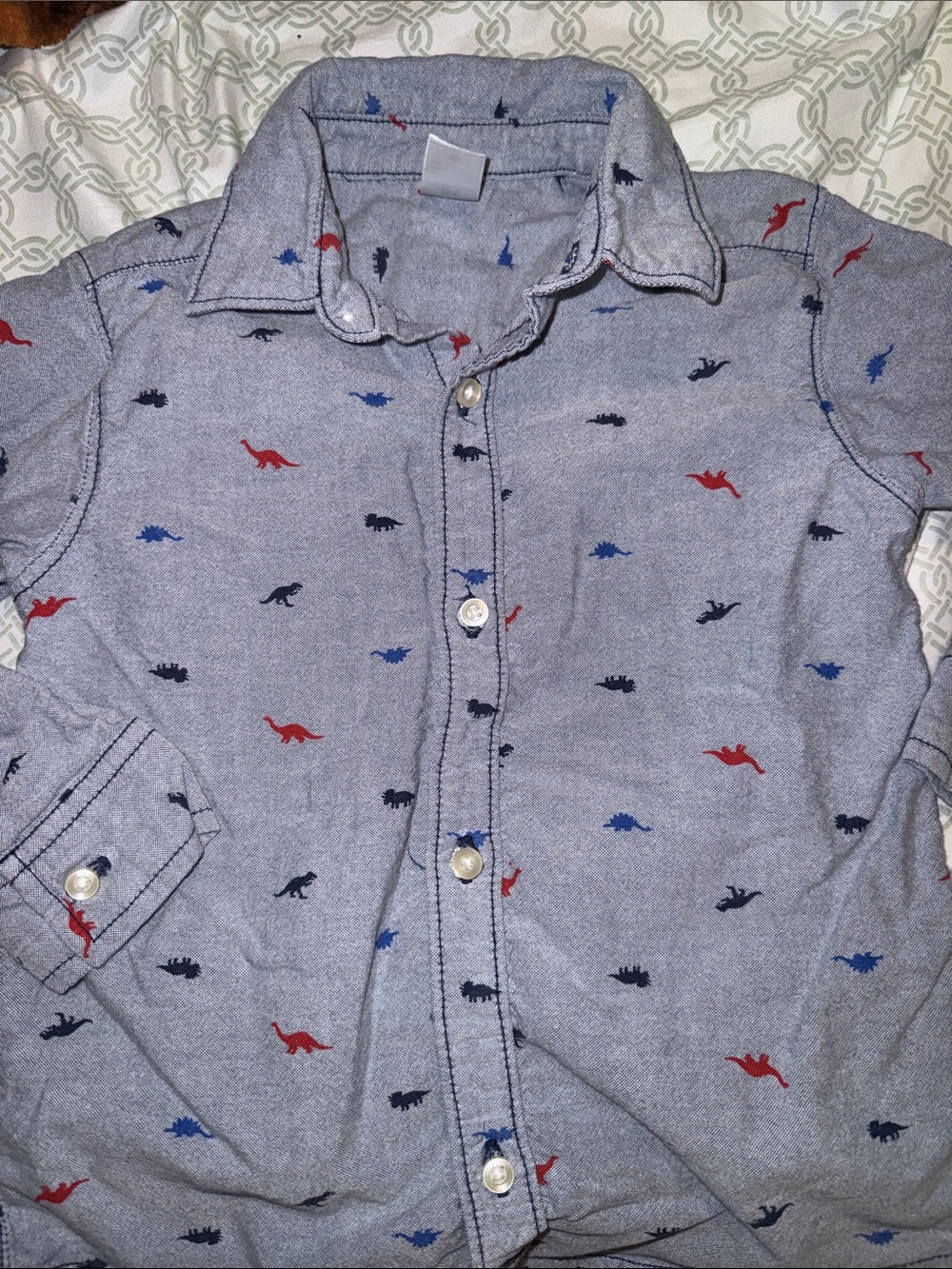 🏖️10 items for $20☀️ Boys Light Blue Button-Up Shirt with Red & Navy Dino Print